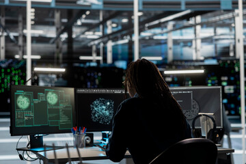 Data center IT expert looking at network traffic patterns, detecting security threats. Engineer doing AI visualization threat mapping, developing automated firewalls and intrusion detection solutions