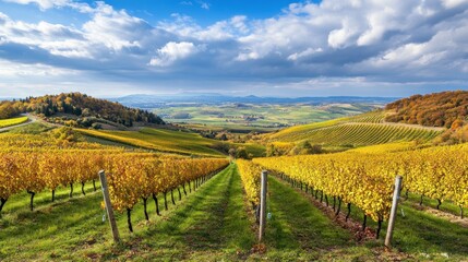 Fototapeta premium Vineyard Rows with Golden Autumn Foliage Under Cloudy Blue Sky