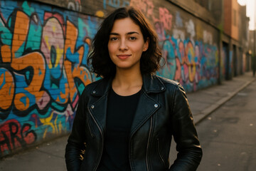 Naklejka premium Confident young woman in leather jacket near colorful graffiti wall