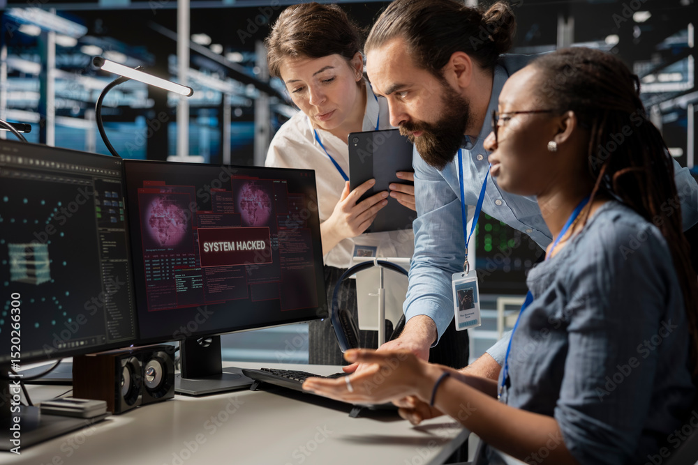 Poster engineering team in server room viewing security breach alert of zero day exploit vulnerability. cyb