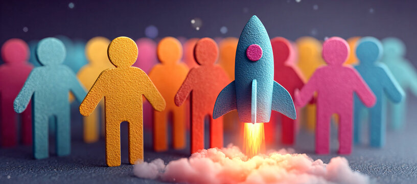 A vibrant blue rocket taking off from a cloud of smoke, with a diverse group of colorful human wooden figures in the background. Concept of startup launch, innovation, and teamwork.