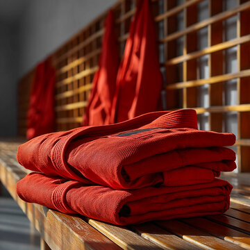 Traditional sambo uniform folded neatly on bench, cultural and organized setup