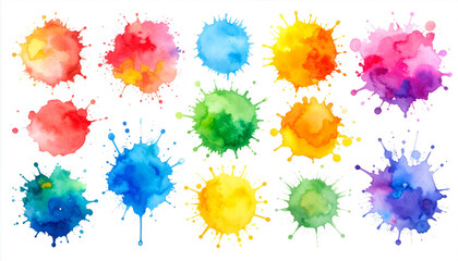 Vibrant Rainbow Watercolor Splashes on Transparent Background