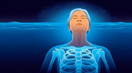 Obraz premium 42 year old female at a Watsu water therapy session with a retro comic halftone X ray illustrating a glowing depiction of joint mobilization in the shoulders