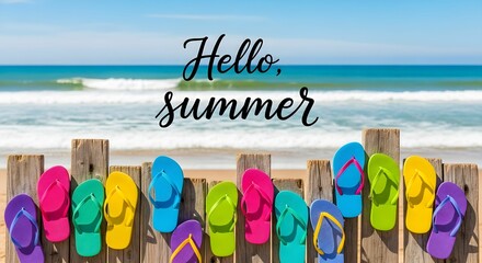 Brightly colored flip flops on a wooden fence with beach and waves in the background celebrating the arrival of summer