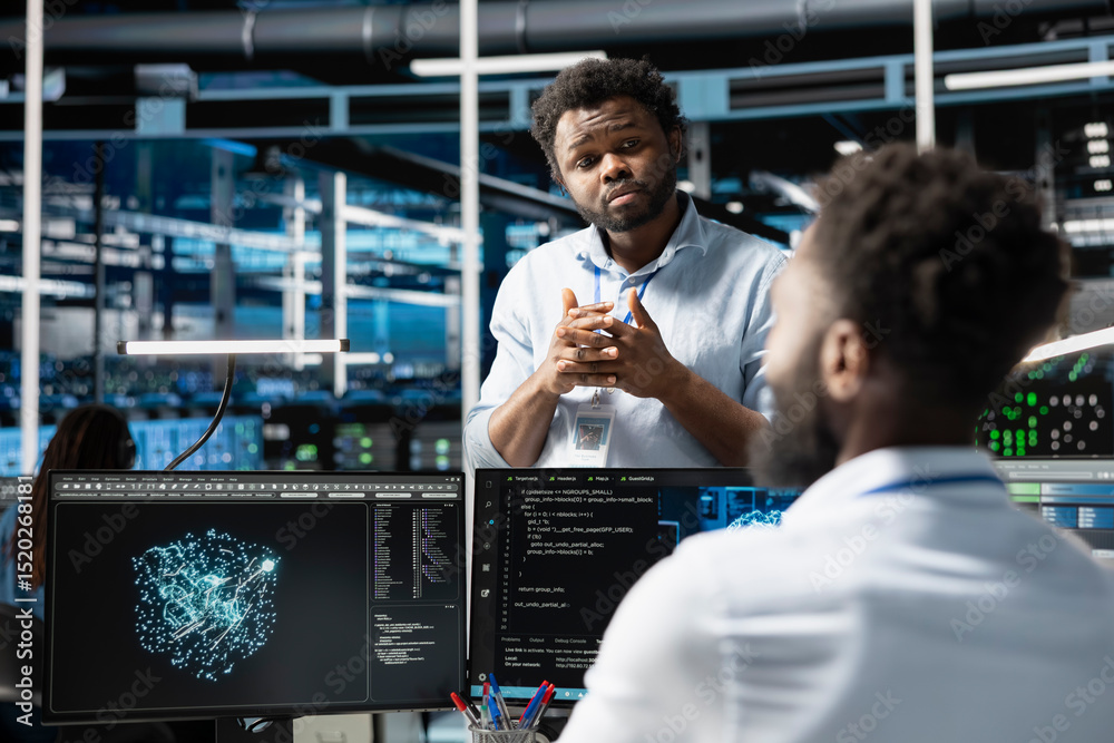 Poster server farm manager supervising engineer looking at data analysis graph to reduce failures. data cen