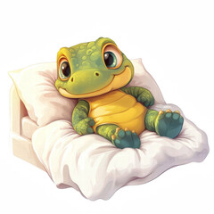 Baby crocodile cuddling plush toy in bed at bedtime