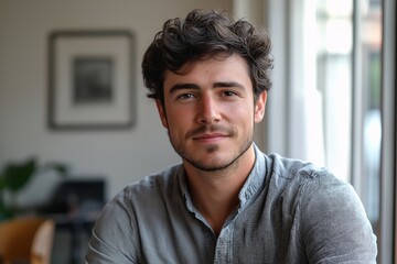 Obraz premium Confident Millennial Man Smiling in Modern Indoor Office Setting - Casual Portrait with Natural Light