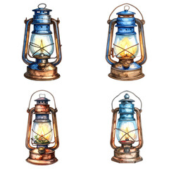 Watercolor Vintage Lanterns Set: Blue Copper Brown