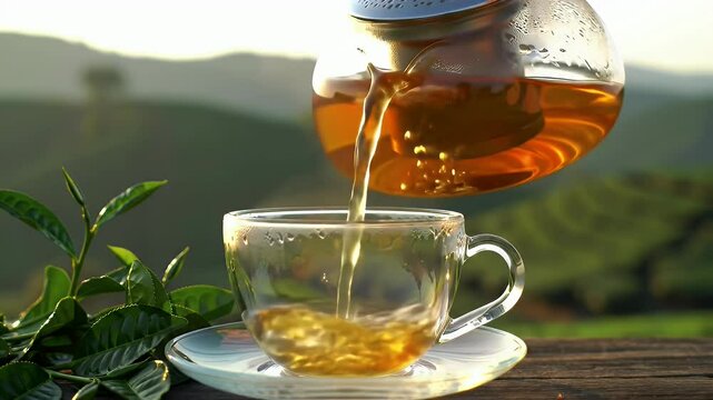 A serene and cinematic video of tea being poured from a transparent glass teapot into a matching glass cup.