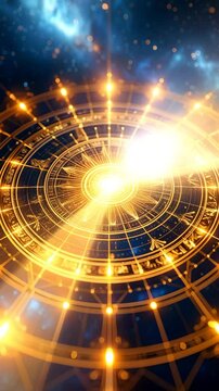 Golden cosmic clockwork with radiating light and stars