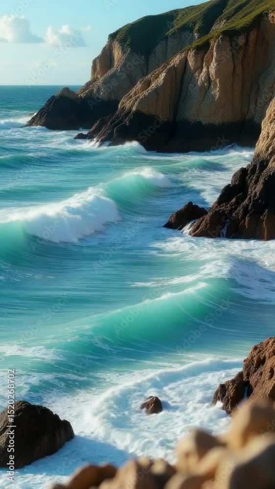 Poster a scenic view of the ocean's edge with rocks and waves
