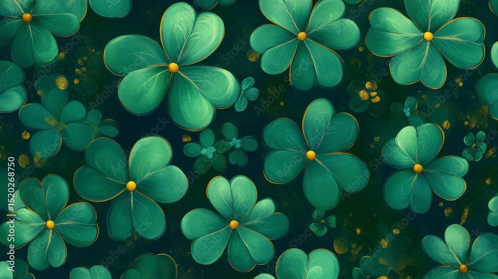 Poster seamless pattern of teal shamrocks with gold accents on a dark background.