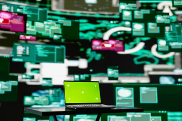 Empty scene with green screen on laptop showcases quantum threat on the dark web, space for a cyber...