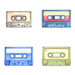 Fototapeta premium Watercolor Retro Cassette Tapes Collection