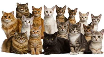 A diverse array of domestic cats of various breeds and colors, in a transparent background PNG