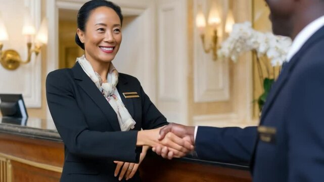 Hotel receptionist shaking hands with guest