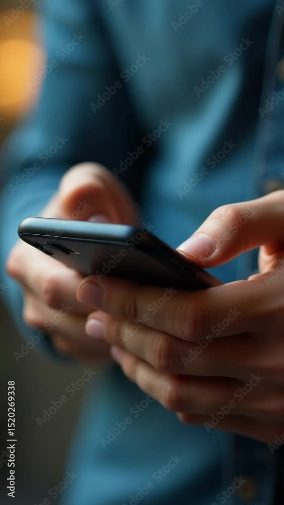 Poster a person holding a cell phone in their hand, possibly using it or checking something