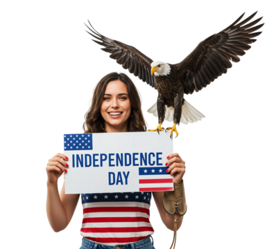 A smiling girl holds an 'Independence Day' sign with an American bald eagle perched on her shoulder. PNG with transparent background - Powered by Adobe