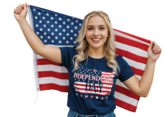 A smiling ygirl holds up an American flag, wearing an 'Independence Day' t-shirt ,PNG with transparent backgroun