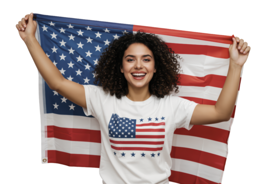 A smiling young woman with curly hair holds a large American flag, wearing a flag-themed t-shirt, png file - Powered by Adobe