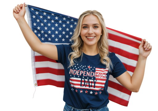 A smiling ygirl holds up an American flag, wearing an 'Independence Day' t-shirt ,PNG with transparent backgroun