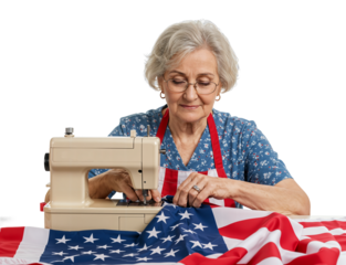 An elderly woman with glasses diligently sews an American flag. PNG with transparent background