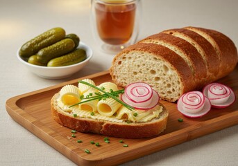 Freshly Prepared Gourmet Snack with Sliced Bread, Butter, Radishes, Pickles, and Tea on Wooden Board for Culinary Delights