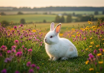 Fototapeta premium White rabbit sitting peacefully among colorful flowers in a serene meadow during sunset, capturing nature’s beauty and tranquility in the countryside