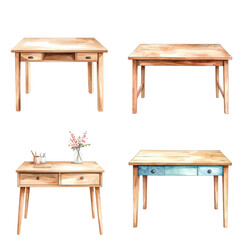 Fototapeta premium Watercolor Wooden Desk Set Collection