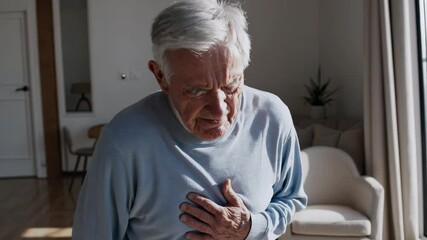 Elderly man stands alone, suddenly clutching his chest in pain clear depiction of potential heart attack. Vulnerability, urgency, and real-life medical emergency. Health, aging, senior care - Powered by Adobe