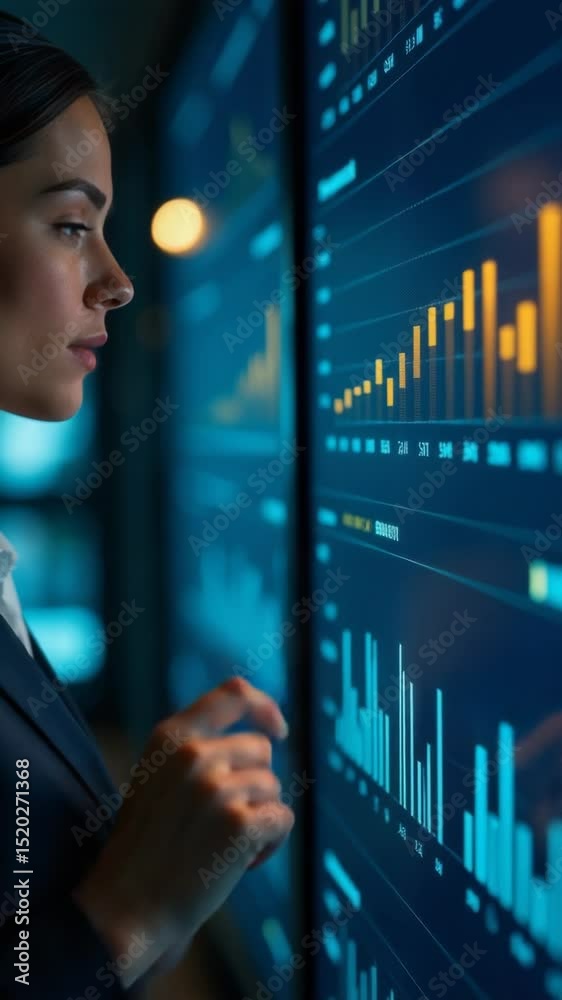 Poster a professional woman studying a digital display