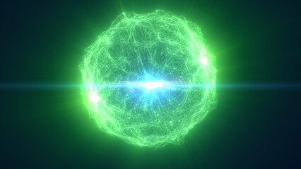 Vivid green glowing energy sphere with intense core and radiating filaments, representing futuristic technology, power, and environmental energy flow