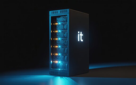 Server rack with glowing it logo, data cables, and blue lighting on a dark background.