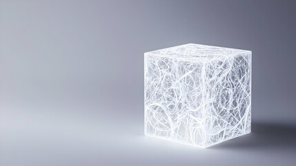 Glowing White Cube with Intricate Lines on a Gray Background