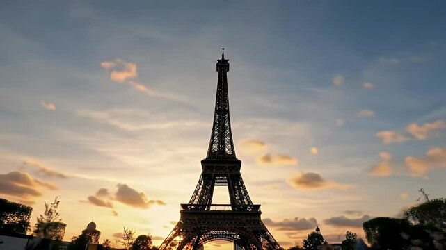 A stunning time-lapse video of the Eiffel Tower in Paris, France, captured during a vibrant spring sunset.