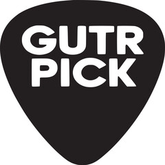 A black guitar pick with the words gutr pick in white on a light gray background in a graphic design