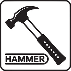 A black and white illustration of a hammer with the word hammer below in a rounded rectangle
