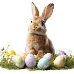 Bunny sitting in meadow with pastel Easter eggs