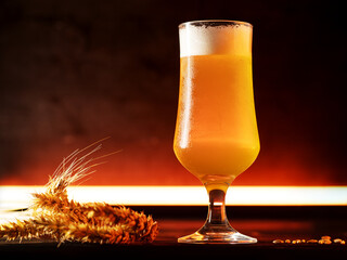 cold beer glass with water drops. Backlight with copy space
