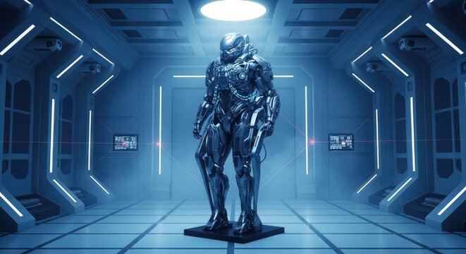 Futuristic pixelated figure inside a high-tech corridor illuminated with cool blue lighting, showcasing an advanced technological concept.