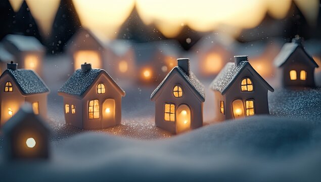 Snowy village scene at dusk