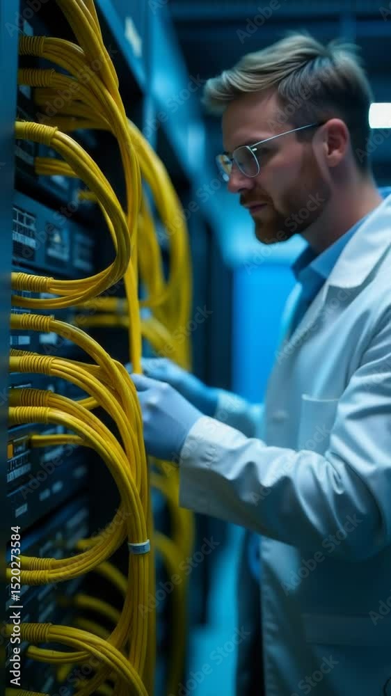 Poster a person in a lab coat tinkers with a server, possibly for maintenance or troubleshooting