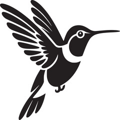 A black and white graphic illustration of a hummingbird in flight with spread wings on white background