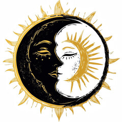 Black and Gold Linocut Sun and Moon Symbol on White Background