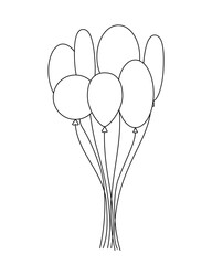 Balloons bunch kid's toy or element of festive decoration, hand drawn line art illustration, birthday party, anniversary, surprise gift, holiday event objects of different shapes collection