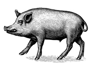 Fototapeta premium Vintage engraved illustration of a walking pig showcasing classic design elements for unique product branding