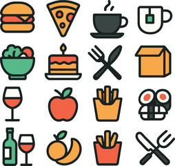 colorful food and drink icons. vector set including burger, fries, pizza, wine, fruit, cake, salad, coffee and utensils in hand-drawn style.
