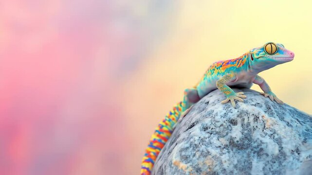 Colorful lizard on rock sunrise background