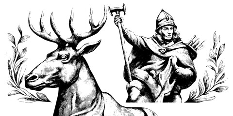 Fototapeta premium Vintage engraved illustration of a majestic deer and a heroic figure wielding a hammer in an ornate design